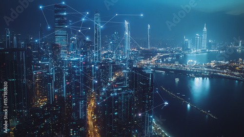 Wallpaper Mural Smart digital Innovation city with connection network reciprocity over the cityscape. of future smart wireless digital city and social media networking systems that connects people with in city Torontodigital.ca