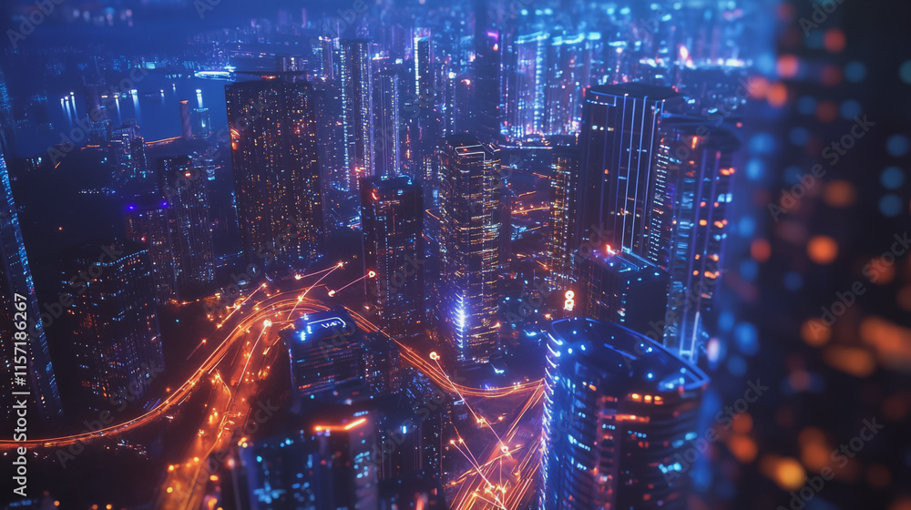 Smart digital Innovation city with connection network reciprocity over the cityscape. of future smart wireless digital city and social media networking systems that connects people with in city Smart digital Innovation city with connection network reciprocity over the cityscape. of future smart wireless digital city and social media networking systems that connects people with in city