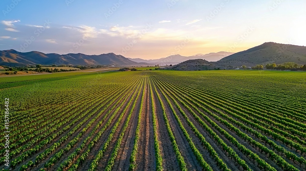 Lush Green Farmland with Rolling Hills and Scenic Mountain Backdrop Lush Green Farmland with Rolling Hills and Scenic Mountain Backdrop