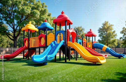 Fototapeta Naklejka Na Ścianę i Meble -  Colorful playground equipment stands on artificial turf. Brightly colored slides, play structures offer fun for children. Sunny day in park with rich green grass. Ideal for kids activities, leisure.