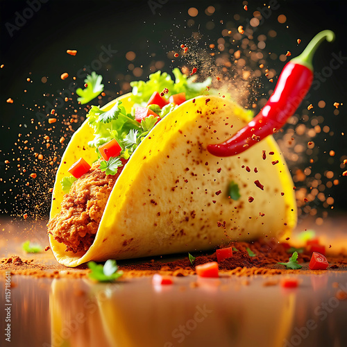 Mexican food Tacos with meat and vegetables on a black background.AI-generated image.