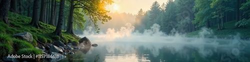 Gentle steam rises from a tranquil forest glade, water, mist, peaceful photo