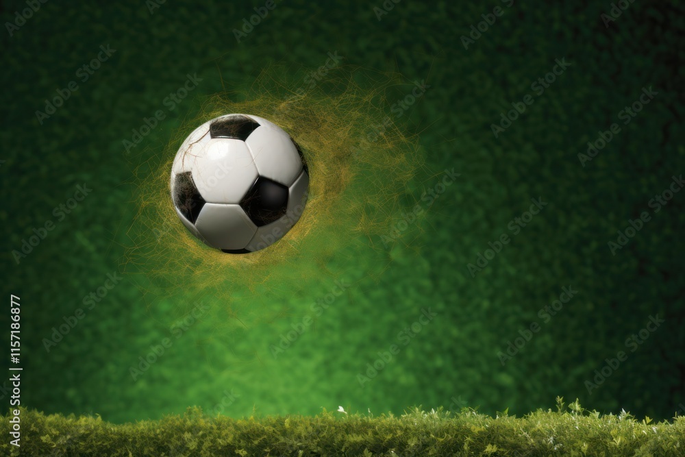 Naklejka premium A soccer ball suspended mid-air, just before it makes contact with the goal net against a lush green background. The image captures the tension and anticipation of the moment