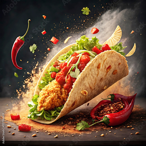 Mexican food Tacos with meat and vegetables on a black background.AI-generated image.