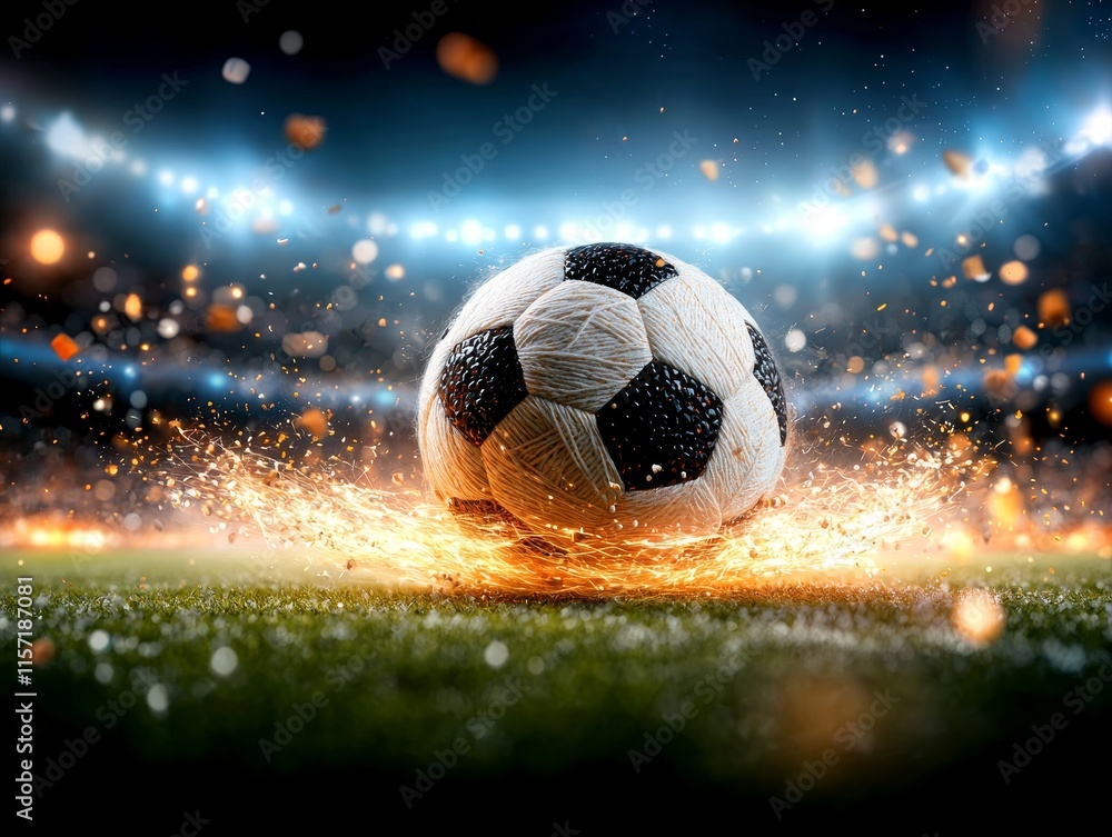 Fototapeta premium Fiery Soccer Ball Stadium Night Sports Action Competition