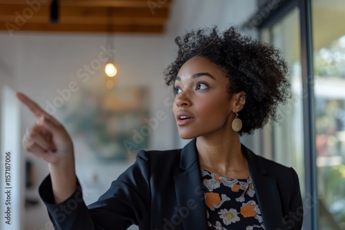 A focused woman with an afro hairstyle is pointing attentively indoors, capturing curiosity and engagement in a modern setting with stylish lighting elements. photo