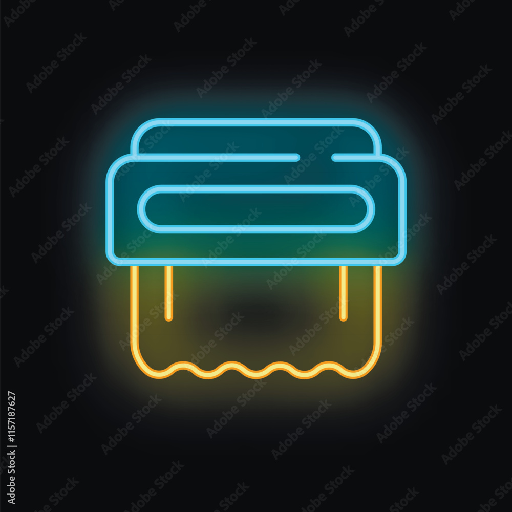Neon sign representing an air conditioner hanging on a wall at night, composed with glowing yellow and blue lights Neon sign representing an air conditioner hanging on a wall at night, composed with glowing yellow and blue lights