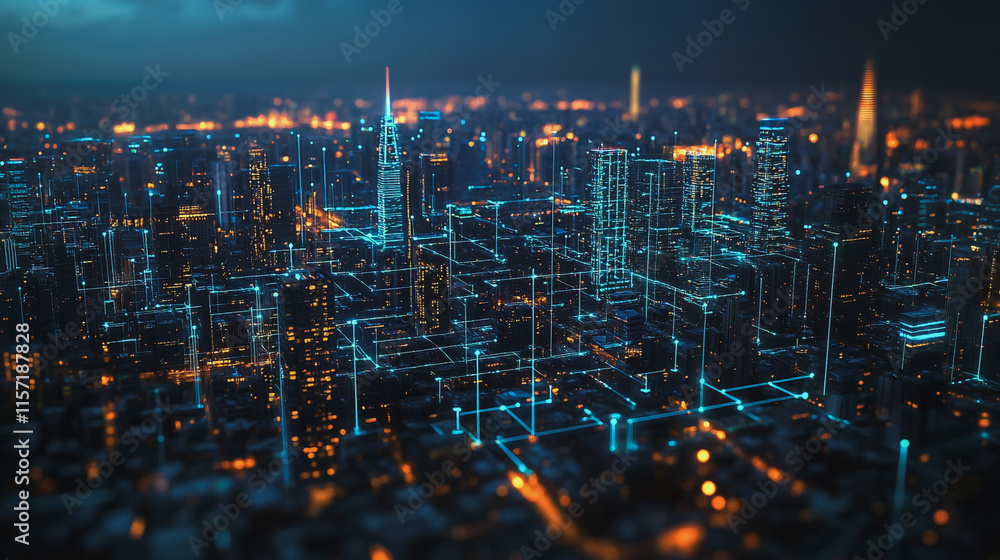 Smart digital Innovation city with connection network reciprocity over the cityscape. of future smart wireless digital city and social media networking systems that connects people with in city Smart digital Innovation city with connection network reciprocity over the cityscape. of future smart wireless digital city and social media networking systems that connects people with in city