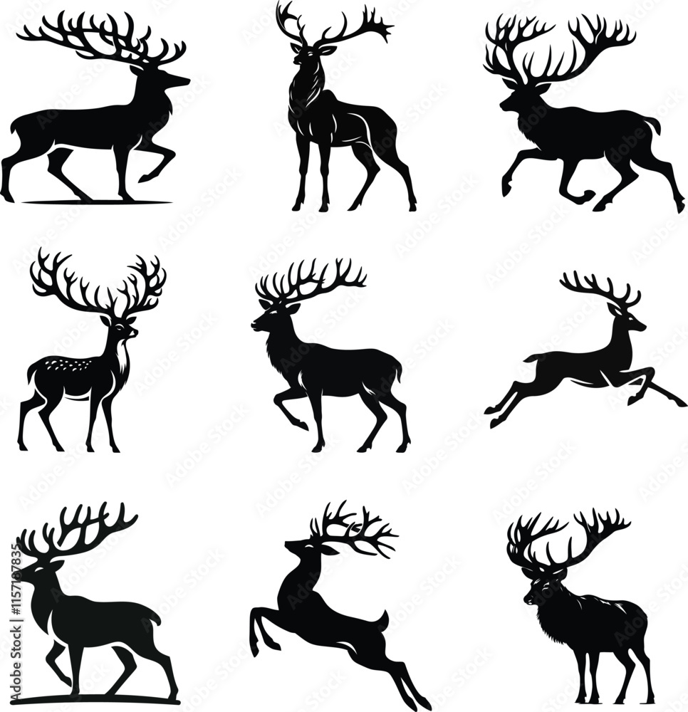 Fototapeta premium silhouette set of a deer Reindeer with antlers , Black and white silhouette deer jumping vector art style with white background . 