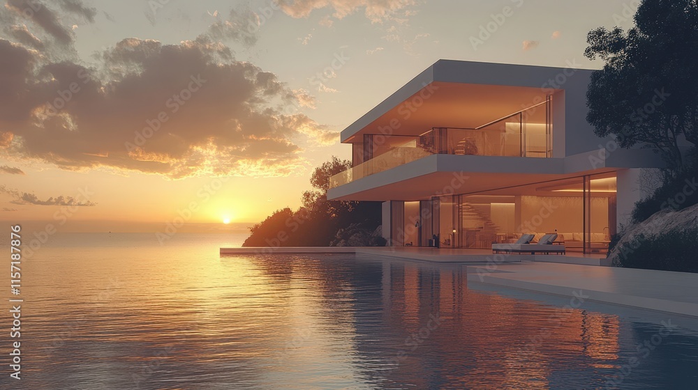 Fototapeta premium A modern villa with an infinity pool and terrace overlooking the sea