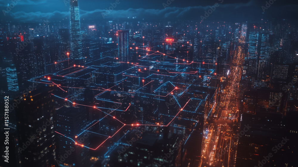 Obraz premium Smart digital Innovation city with connection network reciprocity over the cityscape. of future smart wireless digital city and social media networking systems that connects people with in city