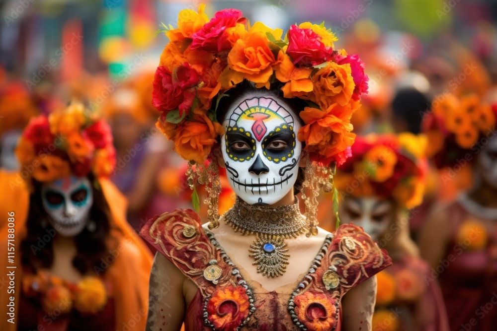 A vibrant Day of the Dead parade scene featuring a woman adorned in traditional skeleton makeup, showcasing intricate designs and colorful floral decorations on her face. A vibrant Day of the Dead parade scene featuring a woman adorned in traditional skeleton makeup, showcasing intricate designs and colorful floral decorations on her face.