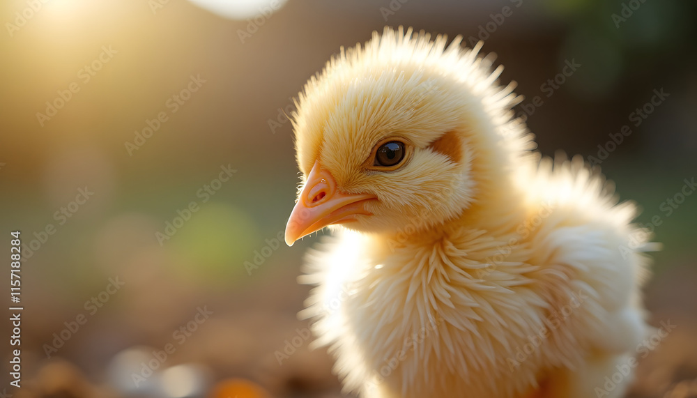 Adorable yellow chick with fluffy feathers looking curious in a warm outdoor setting Adorable yellow chick with fluffy feathers looking curious in a warm outdoor setting