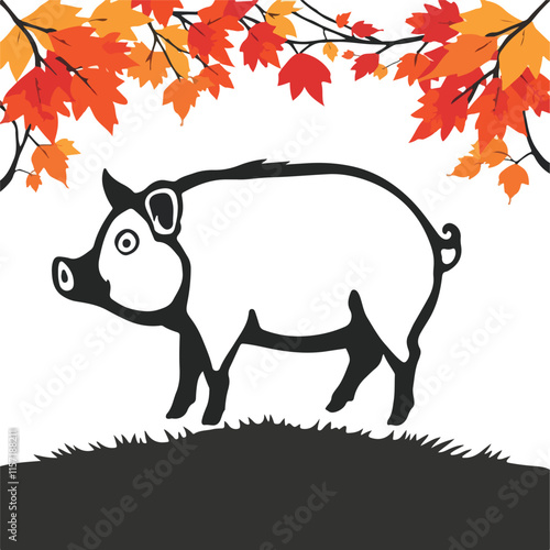 lack silhouette of a pig isolated on a white background. Animal illustration, farm animal, minimalist design, livestock concept