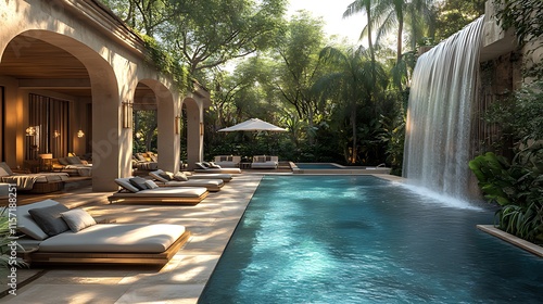 Wallpaper Mural Luxurious resort pool with waterfall, lounge chairs, and lush tropical landscaping. Torontodigital.ca