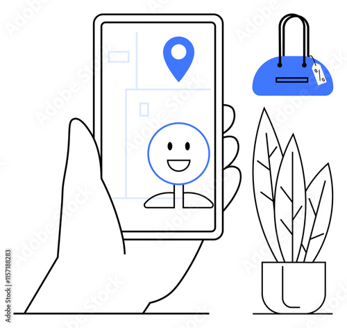 Hand holding smartphone displaying a location pin and smiling face. Nearby a blue handbag and potted plant. Ideal for shopping, e-commerce, retail, navigation, location-based services, fashion