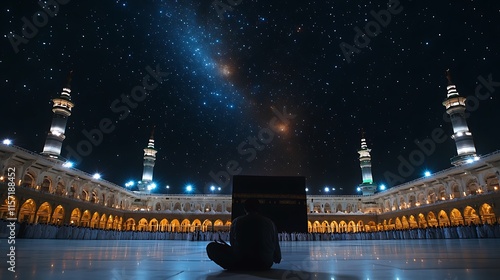 A night sky shines over a temple, as a person faces a khana kaba . This image is one of a selection being submitted as stock content for use.

 photo