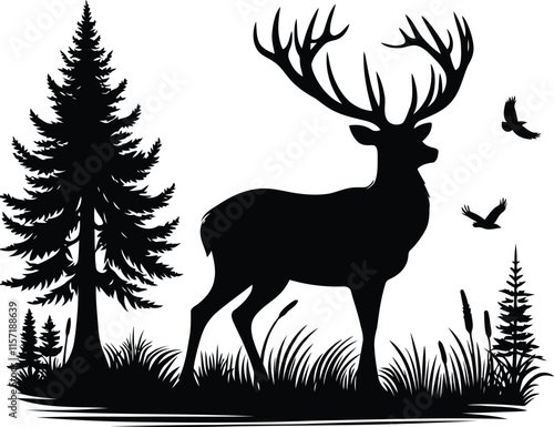 Horned Elk Leaping Silhouette Illustration, Deer vector art style with white background.