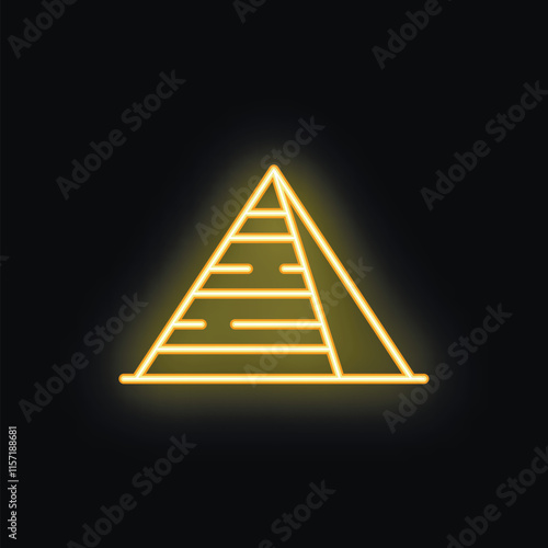 Bright neon icon of an egyptian pyramid glowing on a dark background