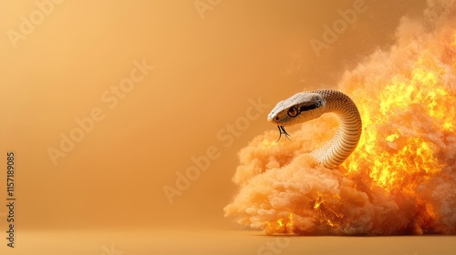 Snake Emerging from Fiery Explosion Against Yellow Background photo