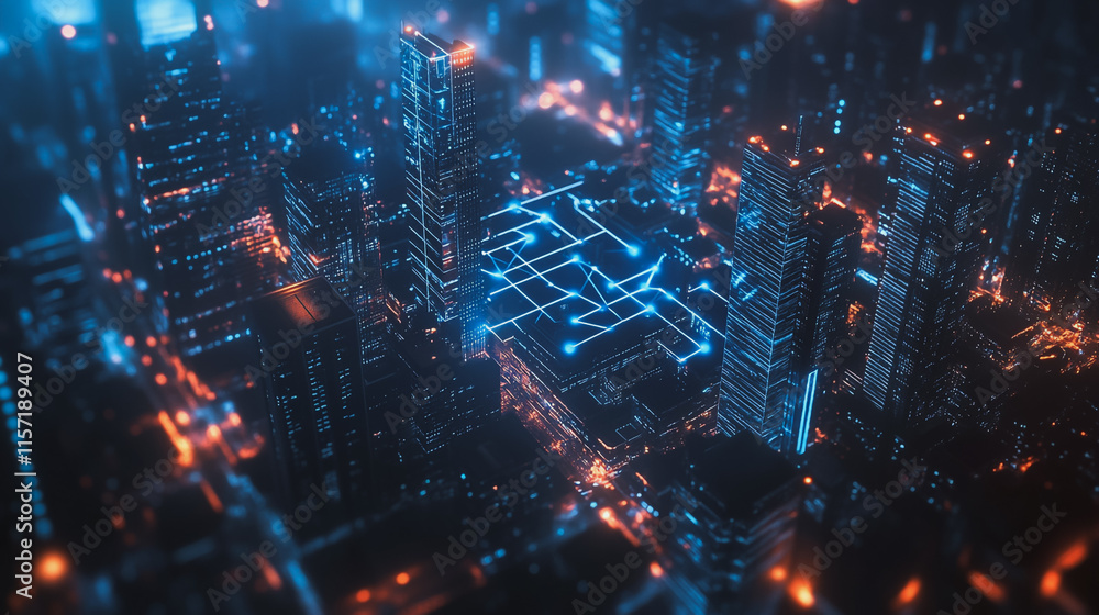 Fototapeta premium Smart digital Innovation city with connection network reciprocity over the cityscape. of future smart wireless digital city and social media networking systems that connects people with in city