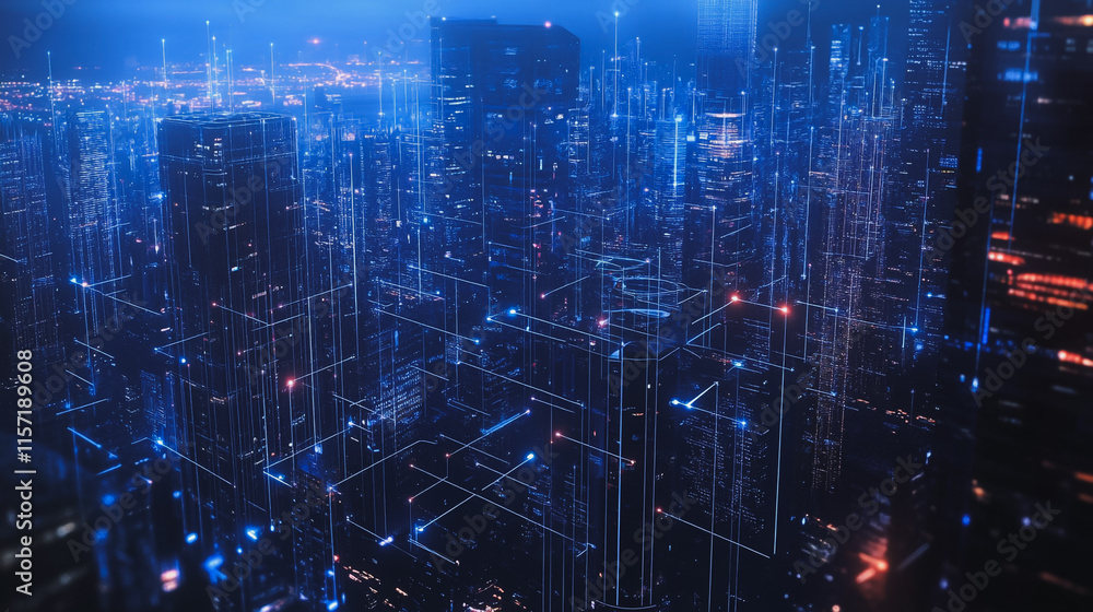 Smart digital Innovation city with connection network reciprocity over the cityscape. of future smart wireless digital city and social media networking systems that connects people with in city Smart digital Innovation city with connection network reciprocity over the cityscape. of future smart wireless digital city and social media networking systems that connects people with in city