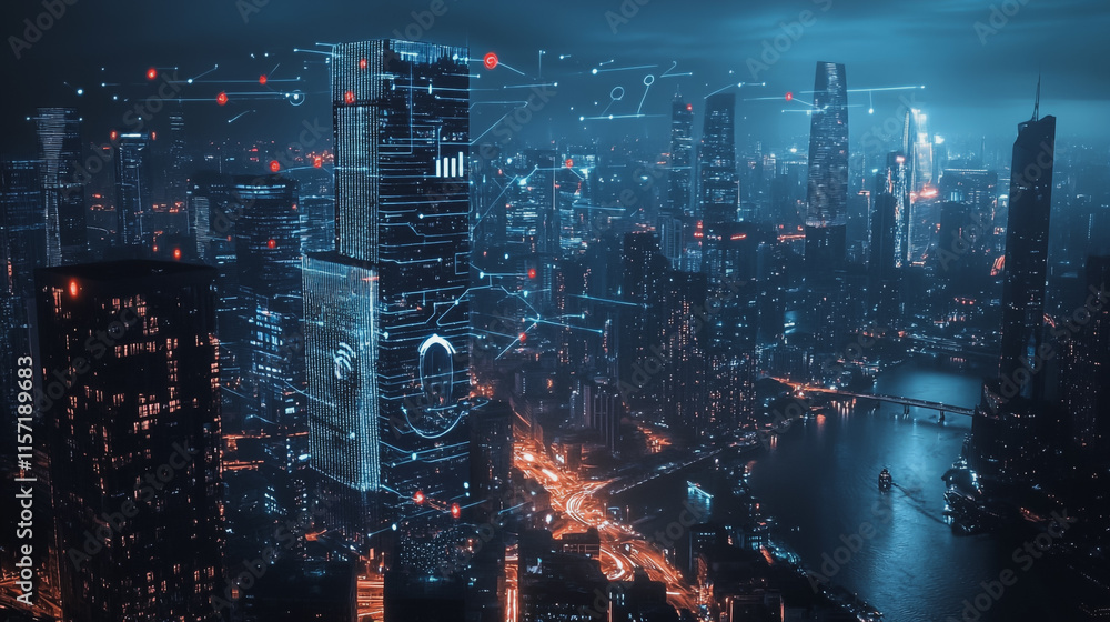 Fototapeta premium Smart digital Innovation city with connection network reciprocity over the cityscape. of future smart wireless digital city and social media networking systems that connects people with in city