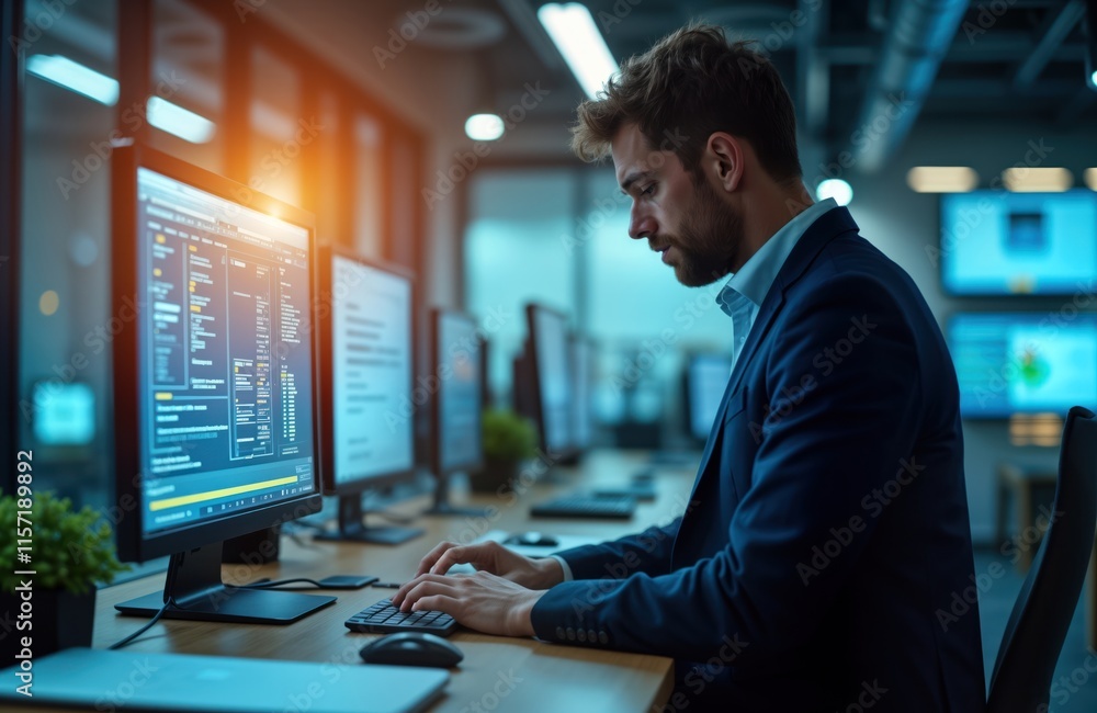 Businessman working on computer. Focused man in suit working at workstation. Modern office environment with multiple computers. Person typing code. Technology, business, quality assurance, Businessman working on computer. Focused man in suit working at workstation. Modern office environment with multiple computers. Person typing code. Technology, business, quality assurance,