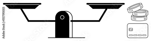 Balance scale contrasting coins with a credit card, symbolizing the balance between traditional and digital payments. Ideal for finance, banking, transactions, budgeting, savings, payment methods