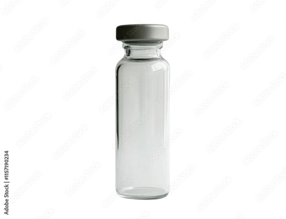 A traditional glass medical vial with a rubber stopper, filled with a transparent liquid, isolated on a white background A traditional glass medical vial with a rubber stopper, filled with a transparent liquid, isolated on a white background