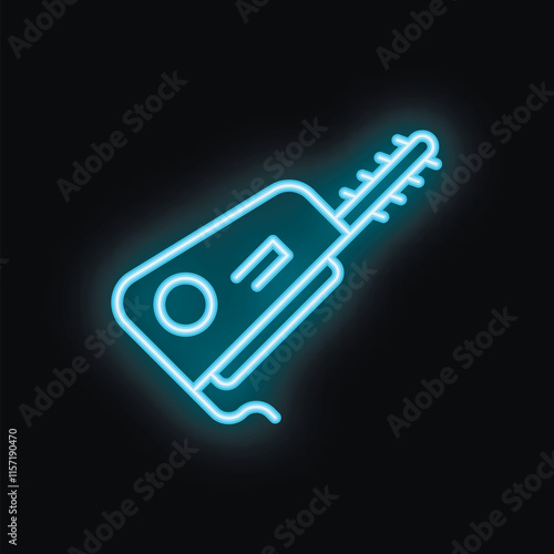 Blue neon icon of a chainsaw glowing on a black brick wall background, perfect for representing concepts like lumberjack, construction, and power tools