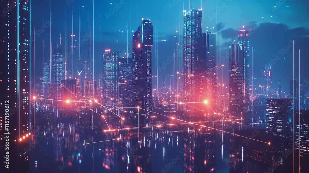 Obraz premium Smart digital Innovation city with connection network reciprocity over the cityscape. of future smart wireless digital city and social media networking systems that connects people with in city