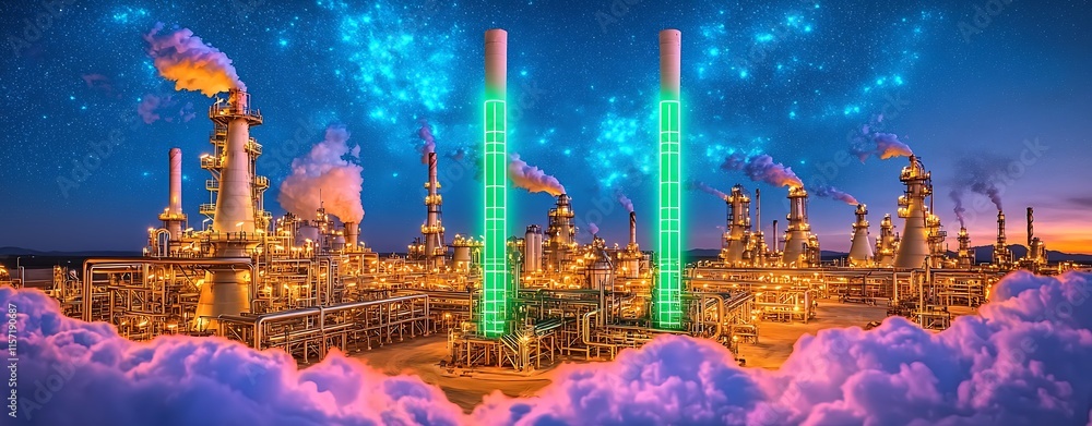 Fototapeta premium refinery oil energy efficiency, Modern Oil Refinery at Twilight with Energy Efficiency Focus