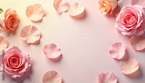 Delicate rose petals scattered on a soft floral background with pale yellow and pink hues, floral background, flowers,
