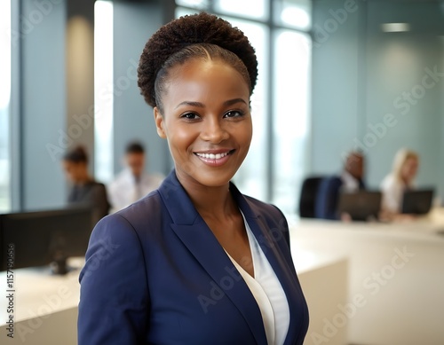 Wallpaper Mural Young smiling professional confident entrepreneur glowing skin African business woman in the corporate office blur background woman day, woman empowerment concept Torontodigital.ca