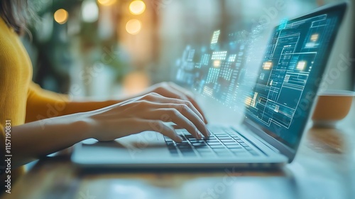 A close-up shows hands typing on a laptop, with digital overlays suggesting technology. The image is one of several similar photos available for a technology related submission.

