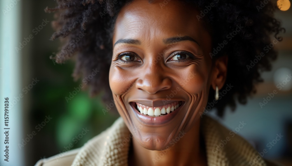 Senior black woman smiles warmly at camera. Portrait captures happiness, age. Indoor setting suggests comfortable, personal environment. Woman appears happy, relaxed. Image suitable for retirement Senior black woman smiles warmly at camera. Portrait captures happiness, age. Indoor setting suggests comfortable, personal environment. Woman appears happy, relaxed. Image suitable for retirement