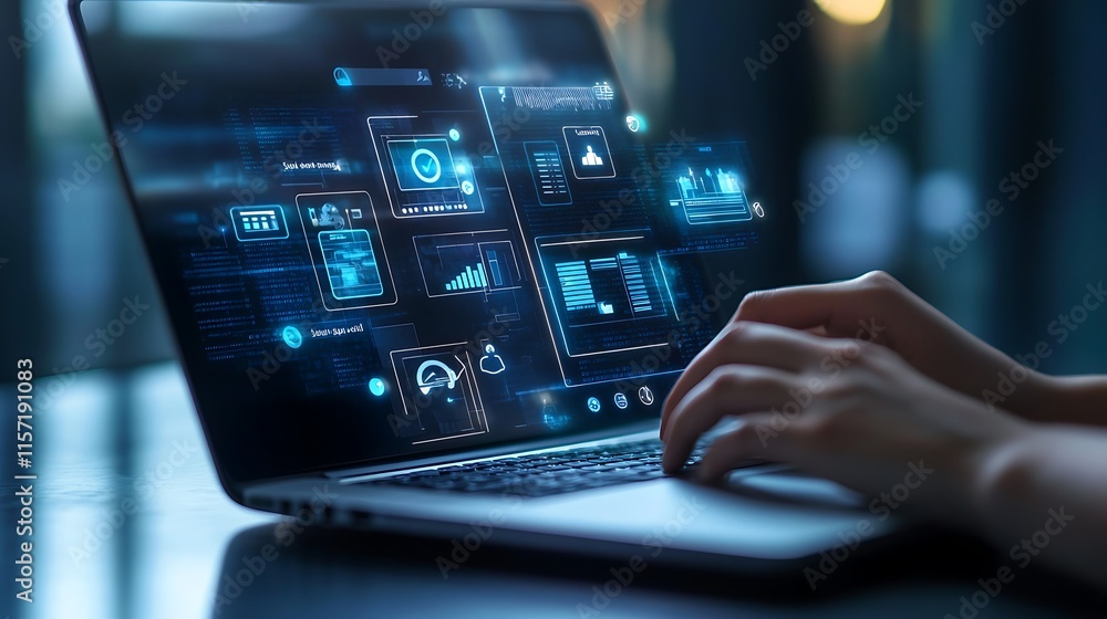 A close-up shows hands using a laptop. The screen displays a futuristic, digital interface, and the image is selected for upload.
A close-up shows hands using a laptop. The screen displays a futuristic, digital interface, and the image is selected for upload.
