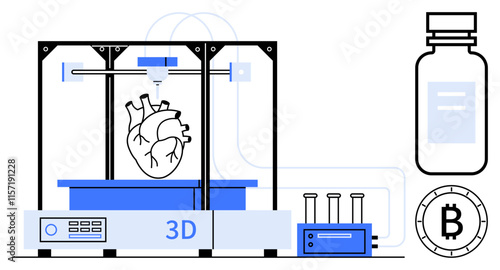 3D printer creating human heart, connected to a machine. Nearby are a medical vial, test tubes, and Bitcoin symbol. Ideal for medical innovation, biotechnology, 3D printing, healthcare technology