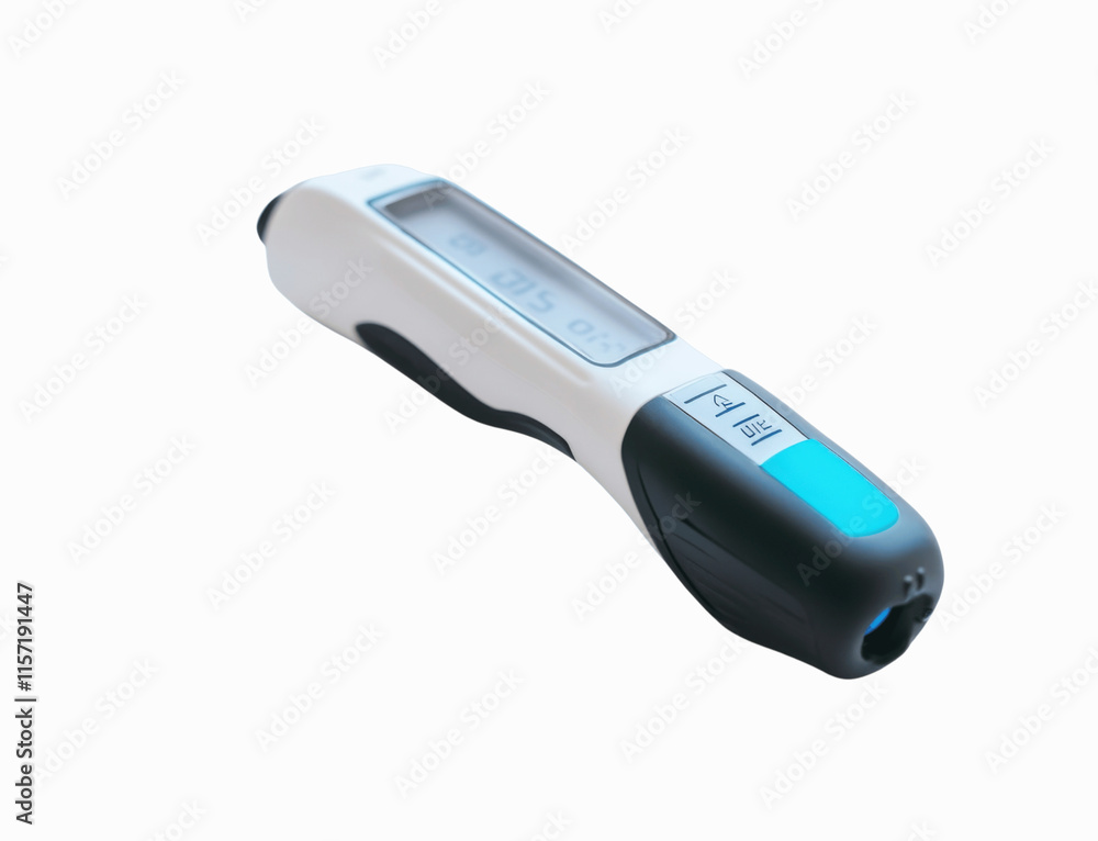 A front-view of a thermometer gun, typically used for contactless temperature checks, isolated on a white background for a clear medical look A front-view of a thermometer gun, typically used for contactless temperature checks, isolated on a white background for a clear medical look