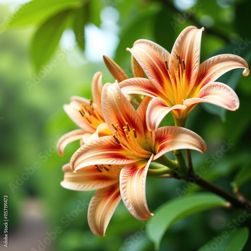 Colorful Hymenocallis flowers blooming on a tree branch, green, bloom, plant photo