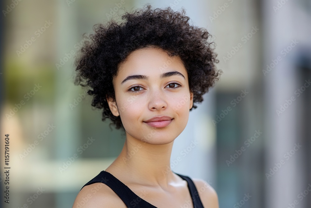 Fototapeta premium Radiant young woman with curly hair, exuding confidence and warm