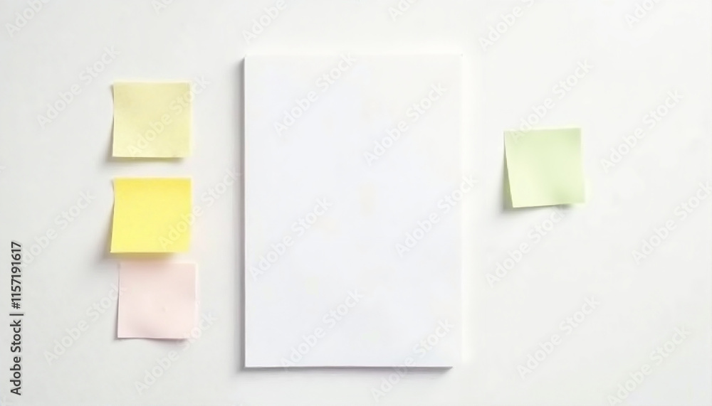 Blank paper with colorful sticky notes on a white background Blank paper with colorful sticky notes on a white background