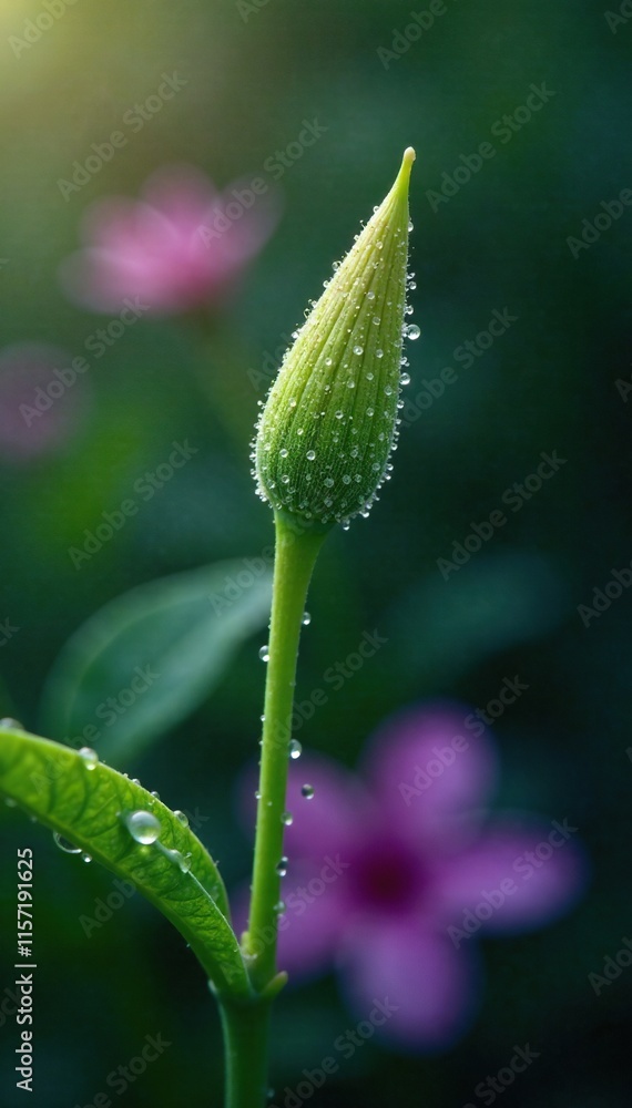 Closeup of a stem and dew droplets on the surface, botanicals, nature, greenery