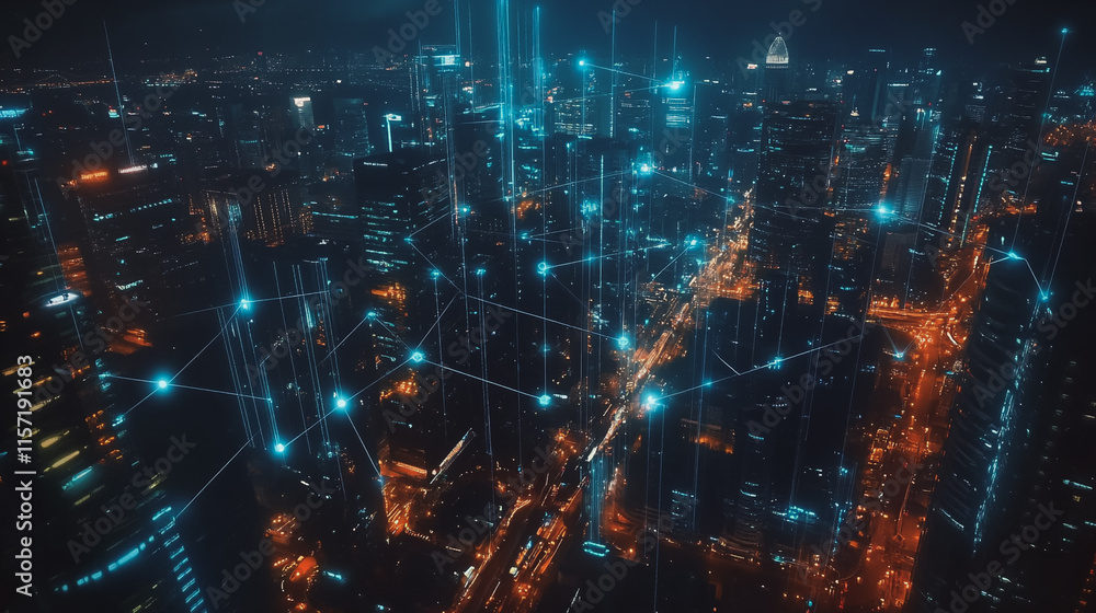 Smart digital Innovation city with connection network reciprocity over the cityscape. of future smart wireless digital city and social media networking systems that connects people with in city