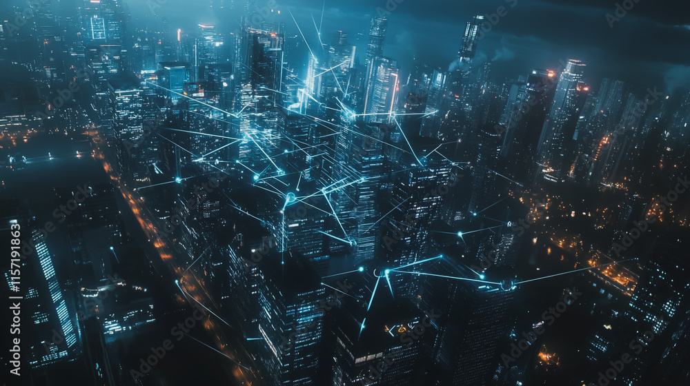 Smart digital Innovation city with connection network reciprocity over the cityscape. of future smart wireless digital city and social media networking systems that connects people with in city Smart digital Innovation city with connection network reciprocity over the cityscape. of future smart wireless digital city and social media networking systems that connects people with in city