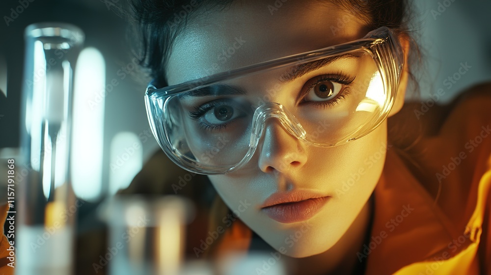 Intense focus of scientist surrounded by lab equipment and glowi Intense focus of scientist surrounded by lab equipment and glowi