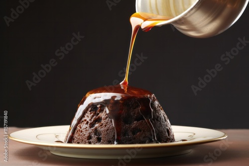 Close-up of Christmas pudding with a flaming brandy sauce being poured over it, creating a dramatic effect photo