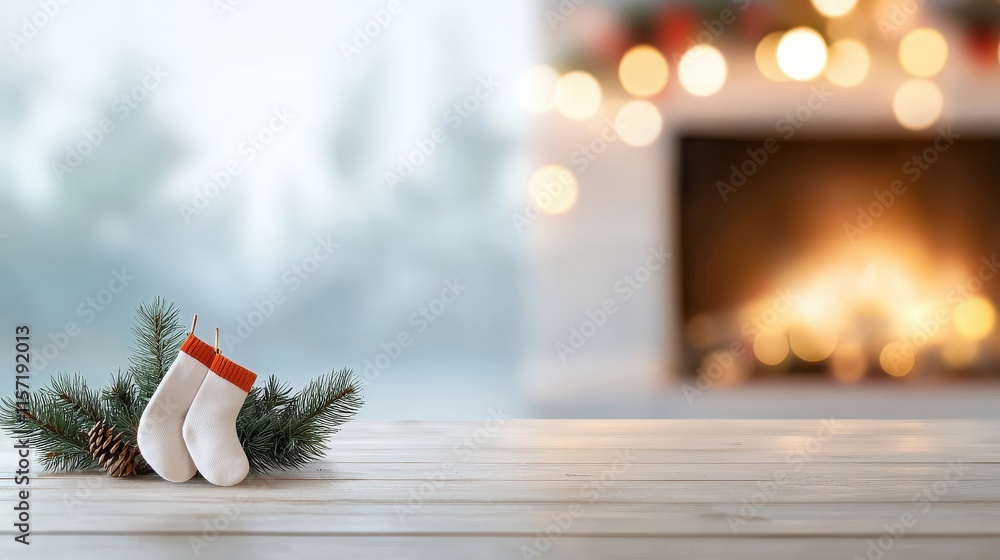 Obraz premium Cozy Christmas Setting with Stockings and Pine Branches