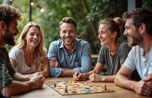 Wallpaper Mural Happy friends play board game together indoors. Sitting around table, enjoying time. Fun leisure activity for group of friends. Group of young adults pleasant conversation. Joyful moment at home. Torontodigital.ca